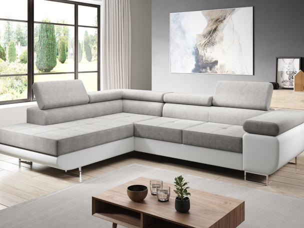 Canapé d'Angle Gauche Convertible avec Coffre Solam L Blanc, Gris clair