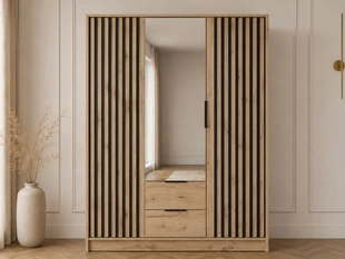 Armoire Portes Battantes Macron marron avec miroir et lamelles