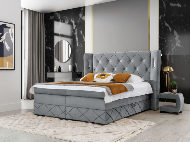Lit Boxspring avec Coffre de Rangement 140x200 Neria Lux Gris clair