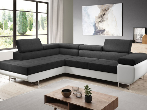 Canapé d'Angle Gauche Convertible avec Coffre Solam L Blanc, Noir