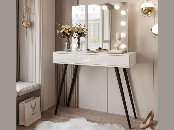 Coiffeuse glamour avec tiroirs, miroir et éclairage LED Olivine Elite Brillant blanc