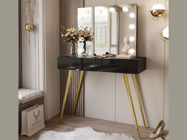 Coiffeuse glamour avec tiroirs, miroir et éclairage LED Olivine Elite Brillant noir