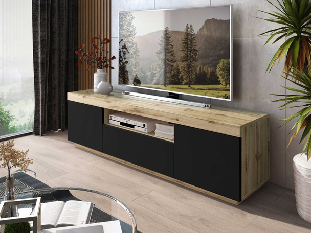 Meuble TV avec portes et tiroir Asumi Noir, Chêne Wotan