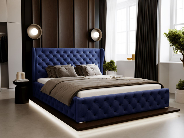 Lit Coffre rembourré avec sommier relevable 160x200 Kingston Bleu foncé