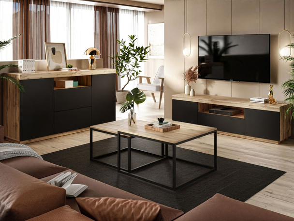 Ensemble de meubles de salon Asumi Noir mat, Chêne Wotan